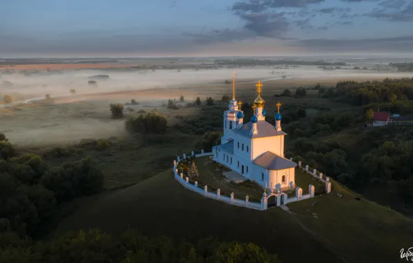 Picture landscape, nature, fog, field, temple, the village, Ilya Garbuzov, Yepifan', Tula