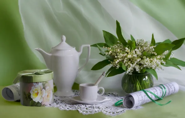 Picture notes, bouquet, kettle, Cup, still life, lilies of the valley