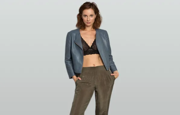 Look, slim, actress, brown hair, bra, beautiful, jacket, pants