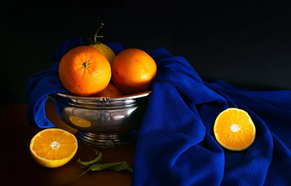 Light, the dark background, table, towel, oranges, fabric, bowl, fruit