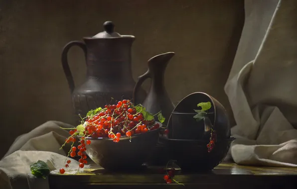 Berries, dishes, fabric, pitcher, still life, red, currants, bowls