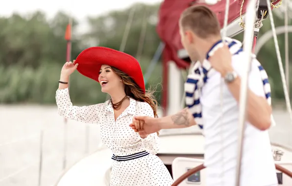 Girl, love, stay, pair, guy, walk on the yacht