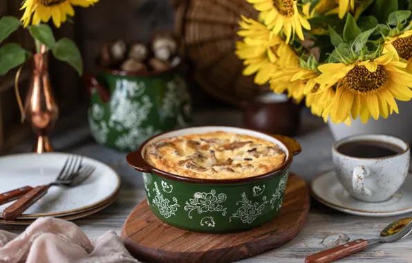 Sunflowers, mushrooms, coffee, Breakfast, cheese, pie, Cup, Karina Klachuk