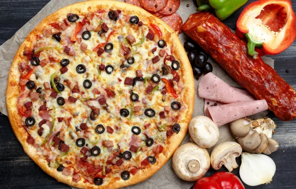 Mushrooms, cheese, pepper, pizza, sausage, olives, ham