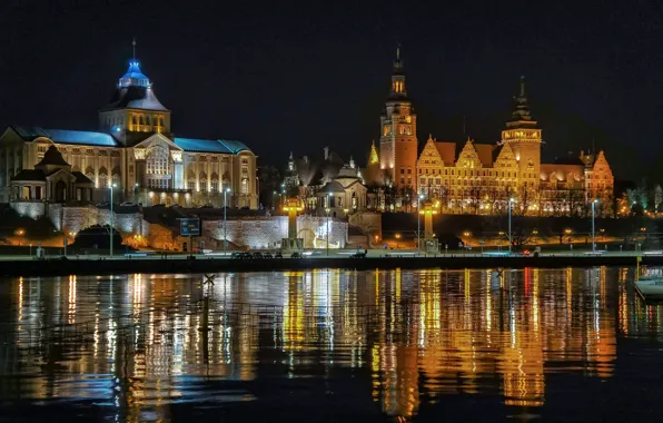 Night, lights, Poland, Szczecin