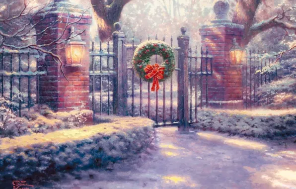 Snow, Gate, lights, decoration, painting, Thomas Kinkade, painting, Thomas Kinkade