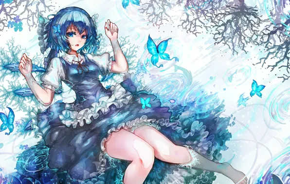 Water, girl, butterfly, flowers, branch, anime, art, touhou