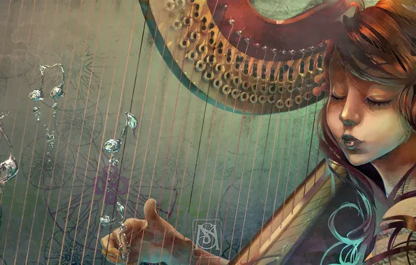 Water, girl, notes, anime, art, harp, musical instrument, sylphiel metallium