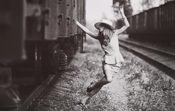 Picture girl, pose, mood, rails, hat, cars, railroad, black and white