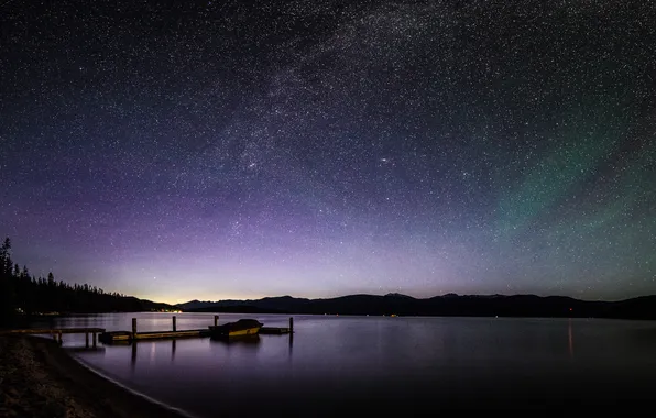 The sky, stars, trees, landscape, lights, lake, shore, boat