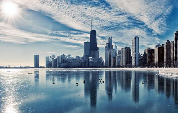 Picture ice, winter, the city, river, skyscrapers, the evening, Chicago, Illinois