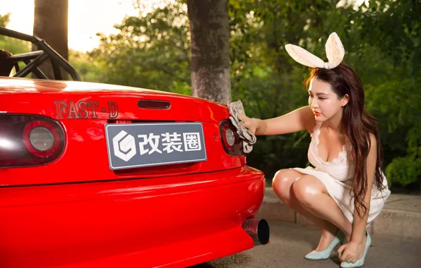 Picture look, Girls, Asian, beautiful girl, red car, posing on the car, Mazda MX5