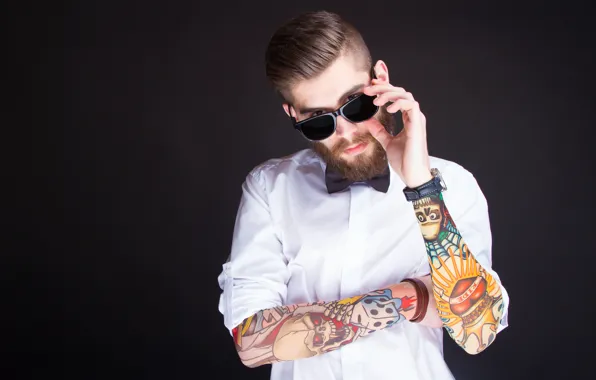 Picture tattoo, glasses, shirt, hairstyle
