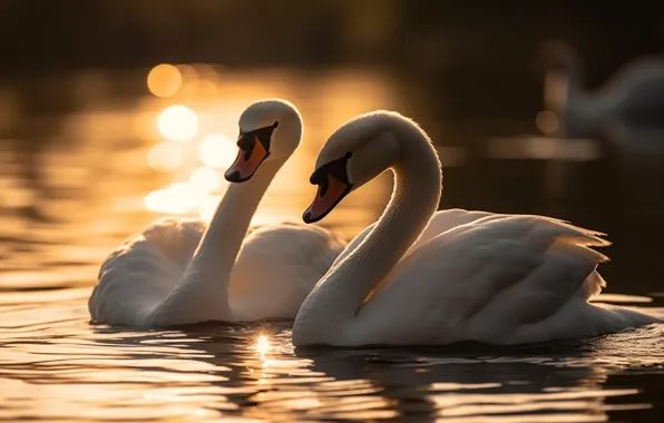 Birds, pair, swans, pond, two swans, AI art, neural network