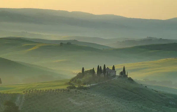 Hills, field, Italy, haze, Tuscany, Val d'Orcia
