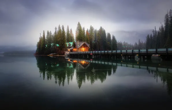 Forest, clouds, light, mountains, bridge, lights, fog, lake
