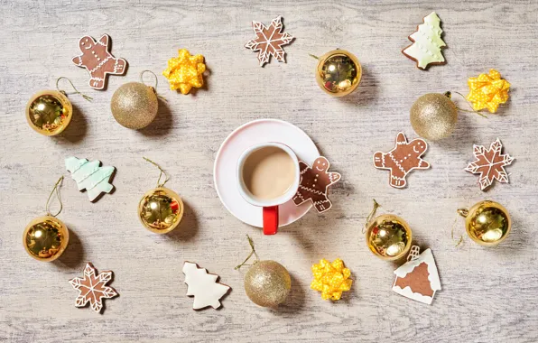 Picture photo, Design, Coffee, Balls, Snowflakes, Board, New year, Tree