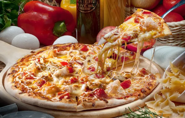 Picture oil, eggs, cheese, pepper, pizza, tomato, pasta