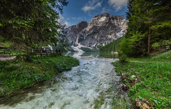 Trees, mountains, lake, river, Alps, Italy, Italy, South Tyrol
