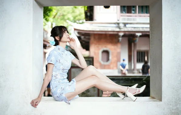 Asian, Dress, Feet, Sitting