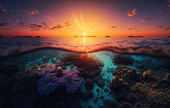 Picture Nature, Sunset, Underwater, Seascape, AI art, Coral reef