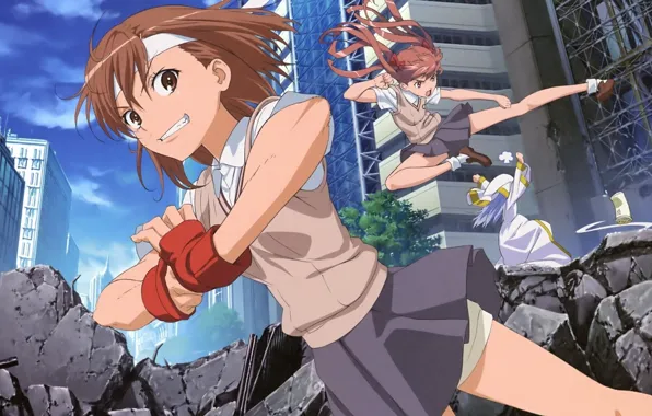 Street, fight, destruction, Schoolgirls, to aru majutsu no index, shirai kuroko, mikoto misaka