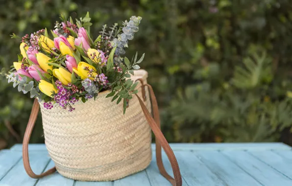 Flowers, bouquet, yellow, tulips, pink, wood, tulips