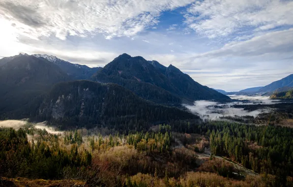 Road, autumn, forest, the sky, clouds, mountains, fog, tops