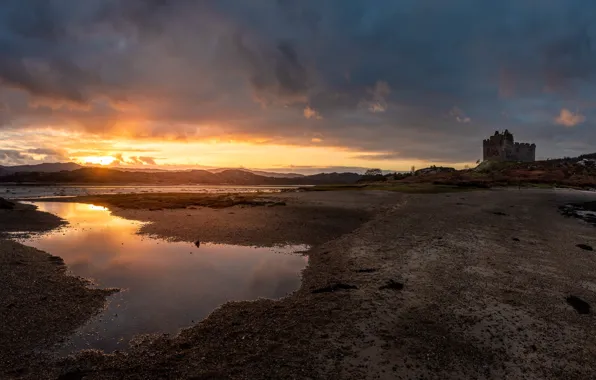 The sky, sunset, river, castle, shore, view, panorama, ruins