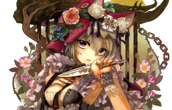 Picture the sun, trees, flowers, chain, knife, lace, ears, art