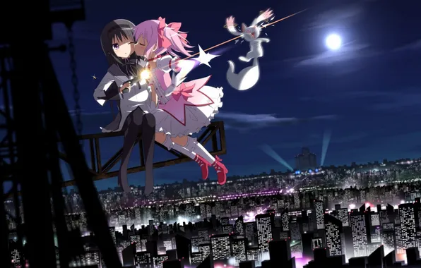 The sky, clouds, the city, gun, girls, home, kiss, anime