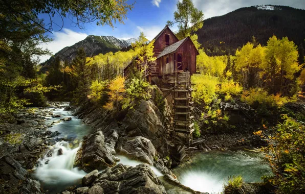 Picture autumn, trees, mountains, rock, river, Colorado, water mill, Colorado