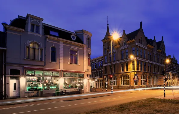 Picture street, the evening, lights, Netherlands, Haarlem