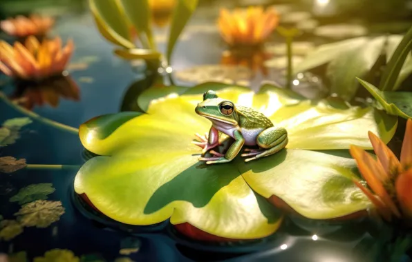 Greens, light, flowers, pond, leaf, frog, art, green
