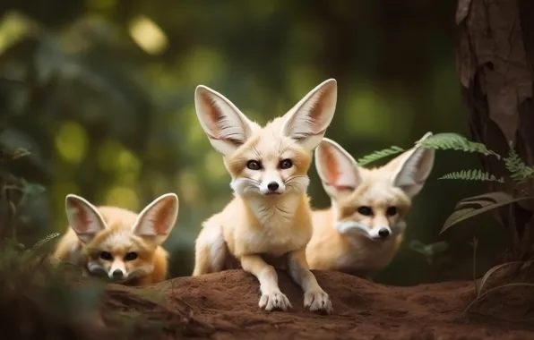 Forest, nature, Fox, trio, Fenech, faces, digital art, Fennec