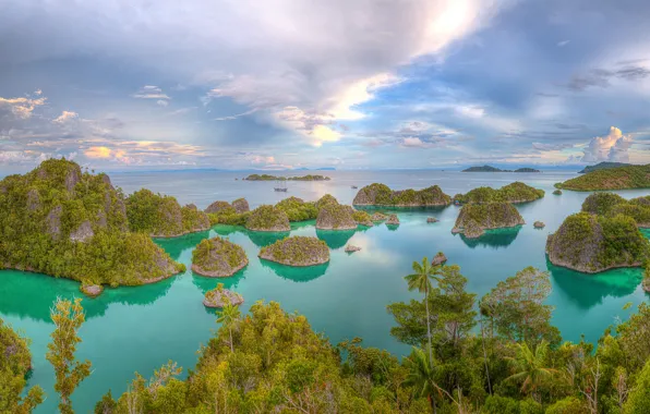 Sea, the sky, clouds, trees, tropics, palm trees, rocks, island