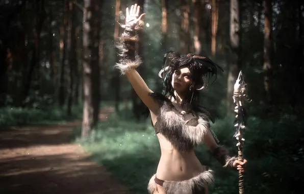 Forest, girl, trail, costume, outfit, horns, fur, image