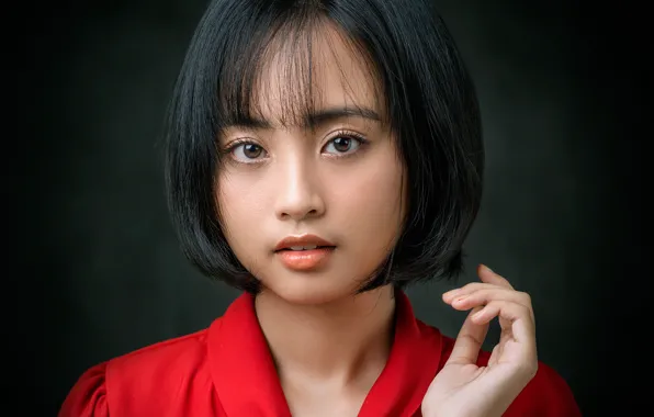 Picture look, girl, face, haircut, hand, portrait, Asian, the dark background