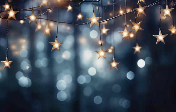 Stars, light, lights, lights, the dark background, wire, Christmas, New year