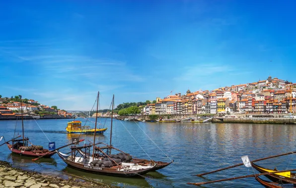 The sky, the sun, river, home, boats, Portugal, Port