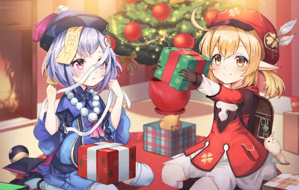 Girls, tree, new year, gifts, Genshin impact, Qiqi, Clover