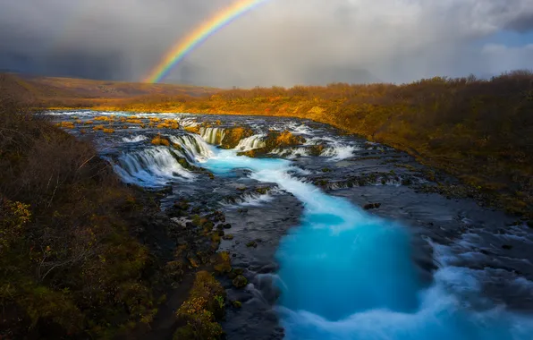 Autumn, rocks, waterfall, rainbow, the bushes