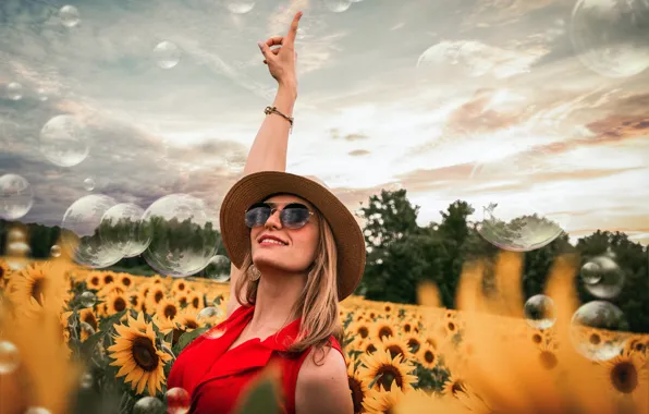 The sky, girl, positive, bubbles, girl, red dress, gesture, sky