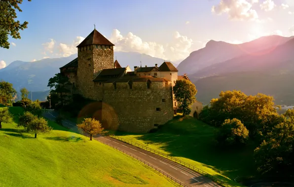 Road, trees, mountains, castle, Alps, Alps, Liechtenstein, Vaduz