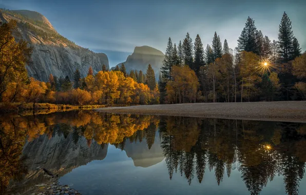 Autumn, the sun, rays, landscape, mountains, nature, lake, reflection