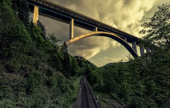 The sky, bridge, railroad