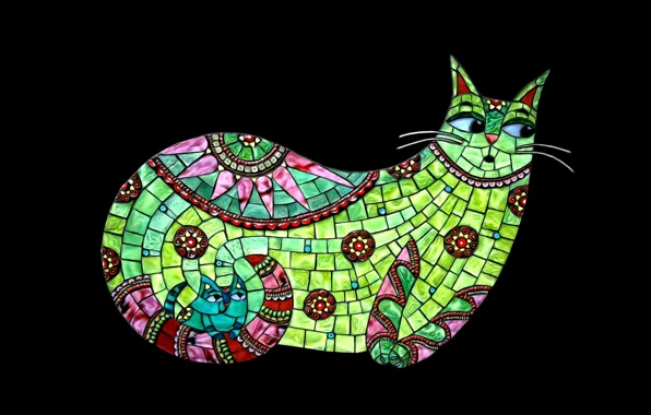 Abstraction, minimalism, black background, picture, the stained glass pattern, Tiffany style, cat with kitten