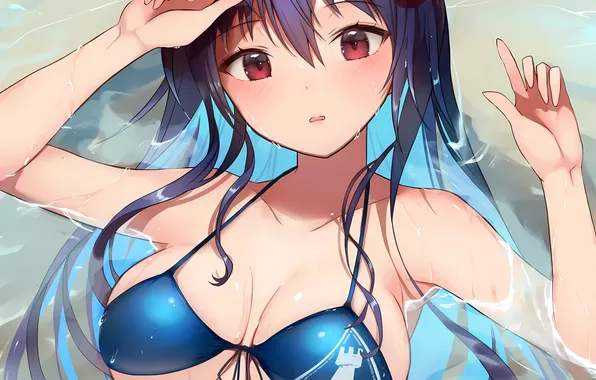 Girl, sexy, wet, pool, cleavage, flower, long hair, boobs