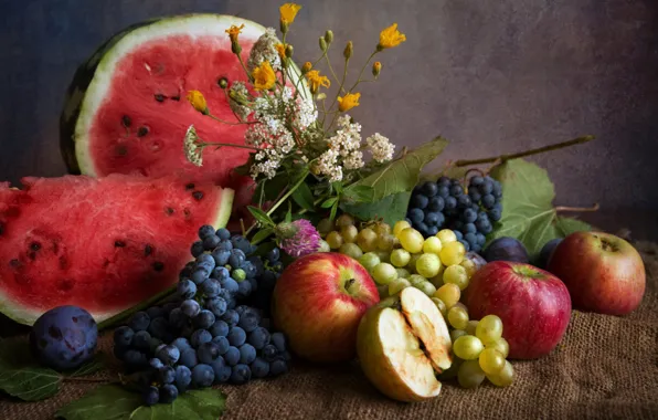 Apples, watermelon, grapes, plum