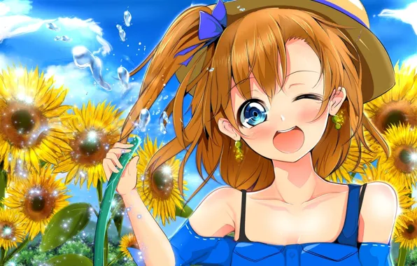 Water, girl, sunflowers, hat, anime, art, hose, wink